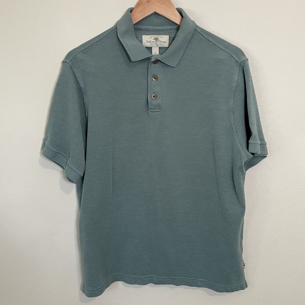 Island Shores Washable Silk Polo Shirt Mens L Short Sleeve Green Micro Rib